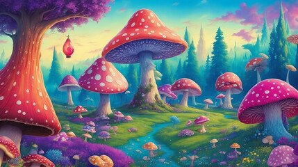 Fototapeta na wymiar Fantasy Meadows: Candy Skies, Towering Mushrooms, Frolicking Creatures, Whimsical Wonderland
