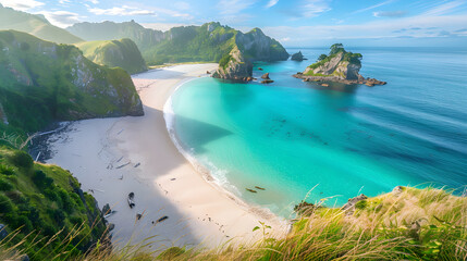 Serenity Unleashed: Showcase of New Zealand's Finest Untouched Beach with Crystal Clear Waters and Verdant Surroundings - obrazy, fototapety, plakaty