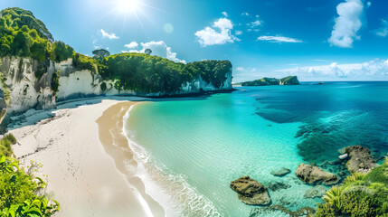 Serenity Unleashed: Showcase of New Zealand's Finest Untouched Beach with Crystal Clear Waters and Verdant Surroundings - obrazy, fototapety, plakaty