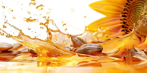 Close shot of splashing sunflower oil with sunflower seeds on a clean white backdrop with a big space for text or product, Generative AI. - obrazy, fototapety, plakaty