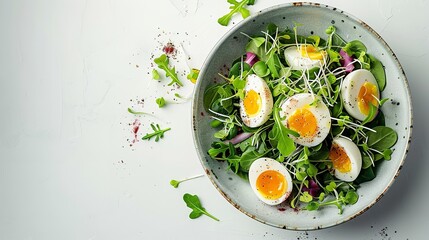 Coordinated over a white dish with a white backdrop, an intriguing salad comprises salted herring, cooked quail eggs, and sliced onion and space, Generative AI.
