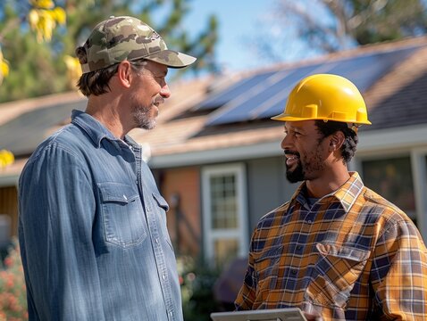A homeowner converses with a construction worker, who is wearing a safety helmet and holding a tablet, likely discussing a home improvement project.