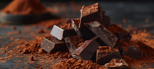 Dark Chocolate Chunks and Cacao Powder on Table - obrazy, fototapety, plakaty
