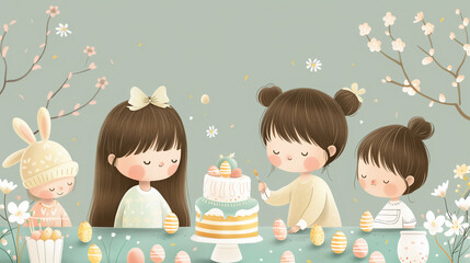 Warm and cozy children's book style illustration featuring four adorable children engaged in Easter festivities. They are playfully interacting with each other, holding decorated Easter eggs