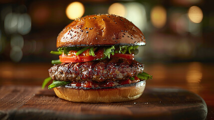 Decadent Gourmet Delights: Appetizing Product Photography of Gourmet Burgers with Premium Foie Gras Toppings on Wooden Board Plates