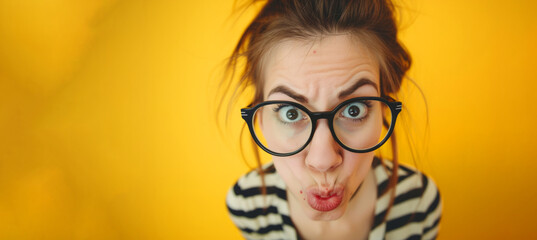 A woman with glasses and a black and white striped shirt is making a funny face. a lighthearted and humorous mood. female blogger, wearing glasses, looking at camera, ridiculous, ironic style - obrazy, fototapety, plakaty