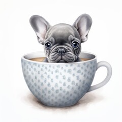 A charming illustration of a grey French bulldog puppy peeking out from a large teacup with a cute knitted pattern. - obrazy, fototapety, plakaty