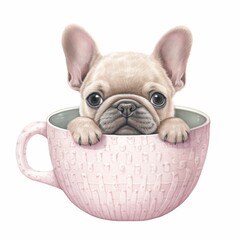 An adorable illustration of a fawn-colored French bulldog puppy with large expressive eyes, comfortably nestled in a pink teacup with a knitted design. - obrazy, fototapety, plakaty
