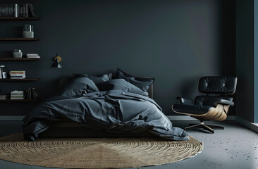Black bedroom interior with a bed, chair and shelf containing books. Minimalist design style in the style of the Eames lounge armchair in black color and a gray fabric duvet cover on a gray floor