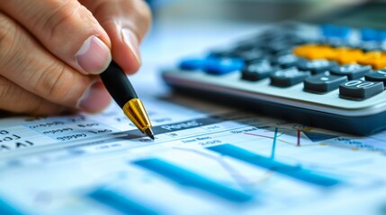 A close-up of a hand holding a pen over financial charts, with a calculator ready for use, symbolizing detailed budget planning.