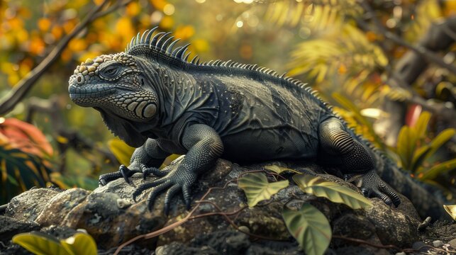 Marine iguana sitting on a stone. Tropics.
