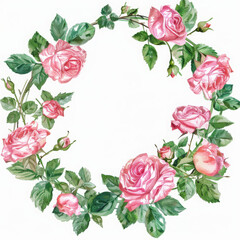 Wreaths, floral frames, watercolor flowers pink roses, Illustration hand painted. Isolated on white background. (Generative Ai)