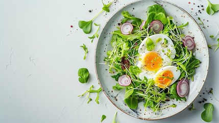 Coordinated over a white dish with a white backdrop, an intriguing salad comprises salted herring, cooked quail eggs, and sliced onion and space, Generative AI.