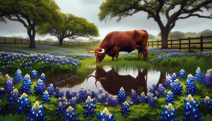 Fotobehang A majestic longhorn drinks from a still pond in a serene Texan pasture, surrounded by a sea of vibrant bluebonnets under a canopy of sprawling live oaks. ©  Visual Pioneer