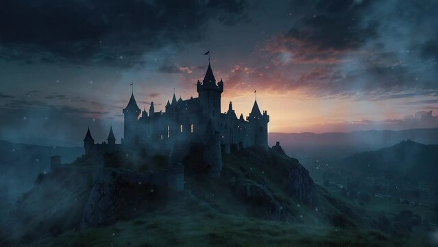 Step into the ghostly presence of an old castle looming on a fog-drenched hill at night, casting an ominous aura in this haunting 4K looping video
