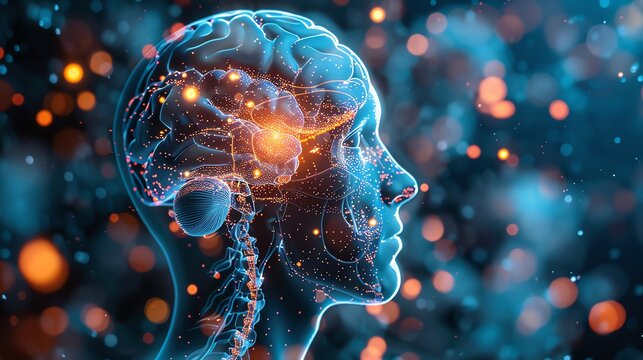 Illustration of a human head in profile with a glowing brain.