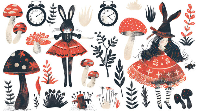 Alice fairy tale dresses rabbit clock graphics vector, generative ai