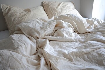 A messy bed with white sheets and pillows.