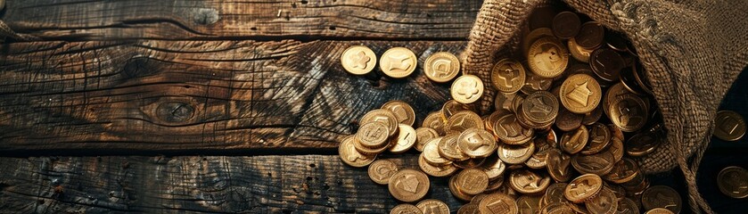 A bag overflowing with golden coins spills onto a wooden surface symbolizing wealth - Powered by Adobe