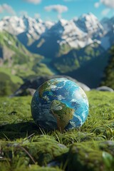 Obraz na płótnie Canvas A 3D model of Earth sits on lush grass against a mountainous backdrop