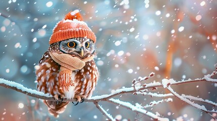 A charming owl bundled up in a knitted hat and scarf sits on a snowy branch as snowflakes gently fall around it.