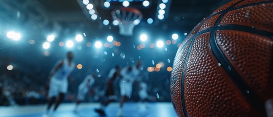 A close-up of a basketball on the court with players and bright lights in the background during a game.