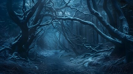 Twisted and Skeletal Branches Ensnare the Unwary Traveler in the Depths of the Enchanting Gothic Forest Shrouded in Haunting Atmosphere and Ominous - obrazy, fototapety, plakaty