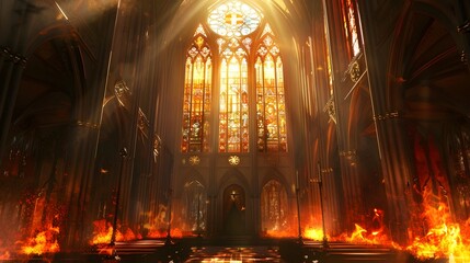 Somber Radiance - Stained Glass Windows Casting Divine Light Within Gothic Cathedral