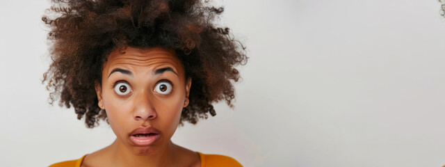 A woman with curly hair and a surprised expression. The woman is wearing a yellow shirt. Concept of surprise and curiosity. a picture of an african american woman - Powered by Adobe