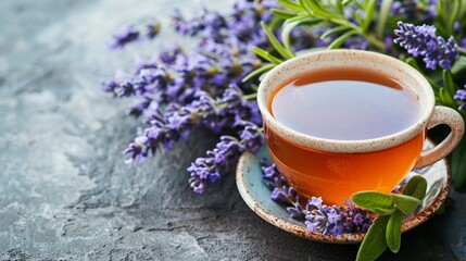 A cup of warm herbal lavender tea surrounded by fresh lavender flowers on a slate background