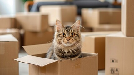 Fototapeta premium A curious domestic cat sits inside a cardboard box