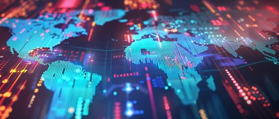A digital visualization of a global data network featuring financial charts and graphs with a glowing world map.