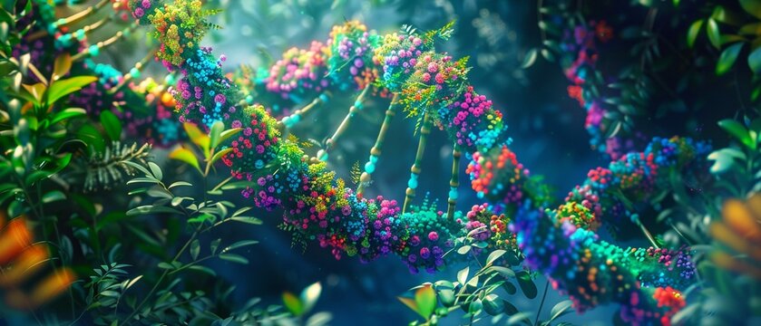 A digital art concept depicting a DNA double helix intertwined with vibrant plant life.