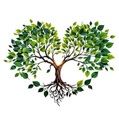 Fototapeta premium Tree with roots and leaves forming a heart shape on PNG background. Generative AI.