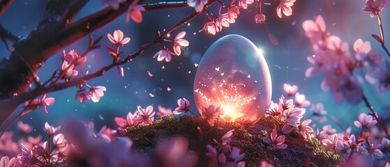 A magical glowing egg nestled amongst delicate cherry blossoms - obrazy, fototapety, plakaty