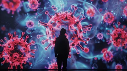 A man stands in contemplation before a large-scale holographic representation of the coronavirus
