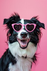 Fototapeta premium A playful black and white dog wearing pink heart-shaped sunglasses against a pink background.