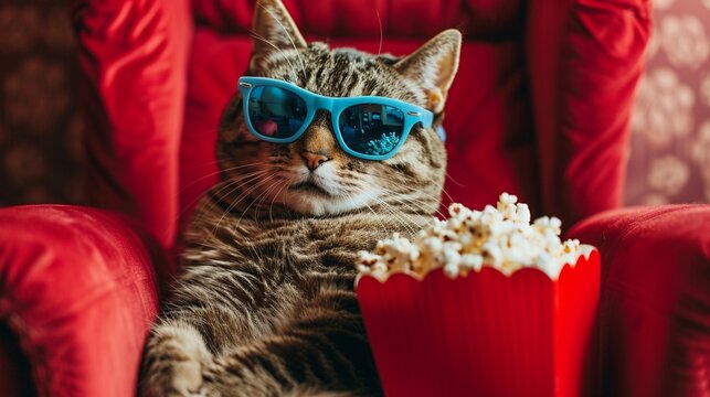 A humorous image of a striped cat in blue sunglasses relaxing with a popcorn bucket on a red cinema style chair.