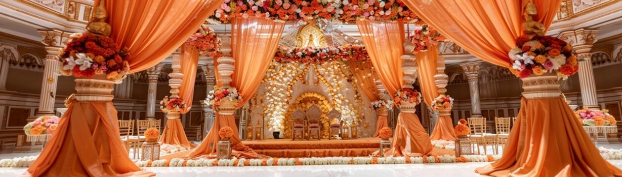 A traditional Indian wedding mandap exquisitely decorated with flowers and drapes