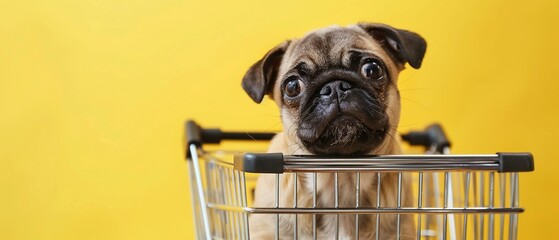 An adorable pug looking curiously out of a shopping cart set against a bright yellow background - obrazy, fototapety, plakaty