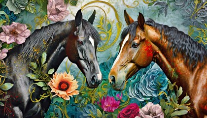horse in the woods, wallpaper texted animal Plants, animals, horses, metal elements, texture background, modern paintings - obrazy, fototapety, plakaty