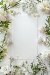 An elegant wedding invitation mockup framed by delicate white flowers and greenery on a white...