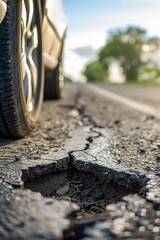 Fototapeta na wymiar Close-up of a car tire near a dangerous pothole on a worn asphalt road