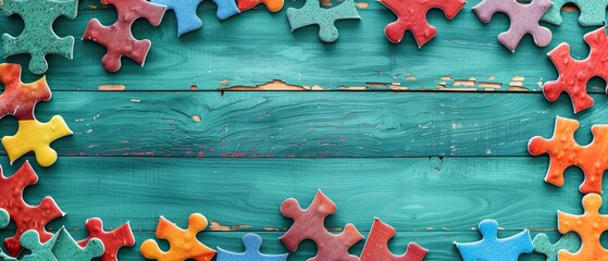 Colorful jigsaw puzzle pieces forming an incomplete frame on a teal wooden background - Powered by Adobe