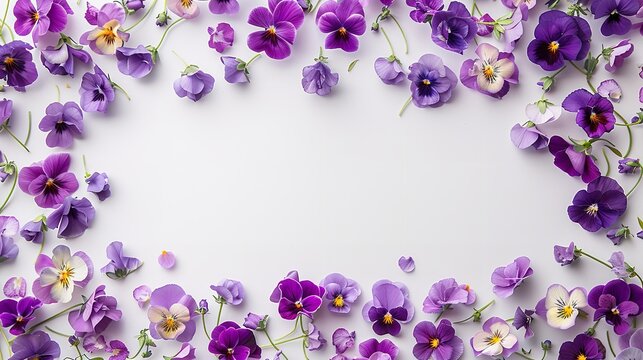 Top view of a frame made with pansy flowers with a big space inside of it and a clean surface for text or product, Generative AI.