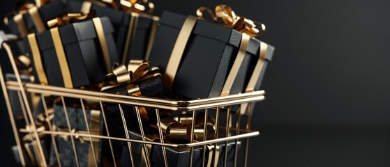 Fototapeta na wymiar Shopping cart overflowing with black gift boxes tied with golden ribbons.