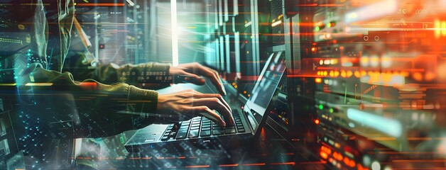 Person typing on keyboard with laptop in data center. Digital twin technology concept
