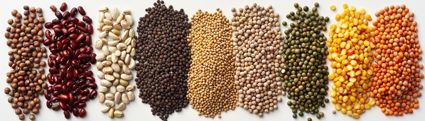 Top view of diverse grains and legumes arranged in rows on white background. - obrazy, fototapety, plakaty