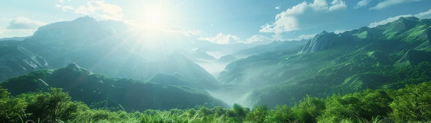 Poster The sun shines brightly over a lush mountain landscape © Creative_Bringer
