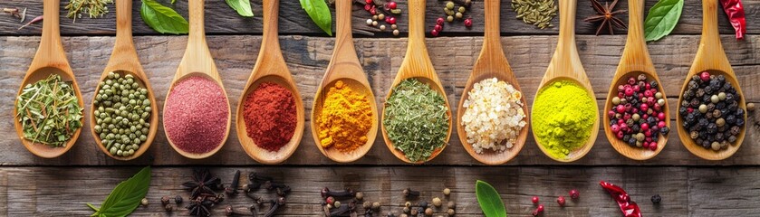 Variety of colorful spices and herbs in wooden spoons on rustic wood backdrop.